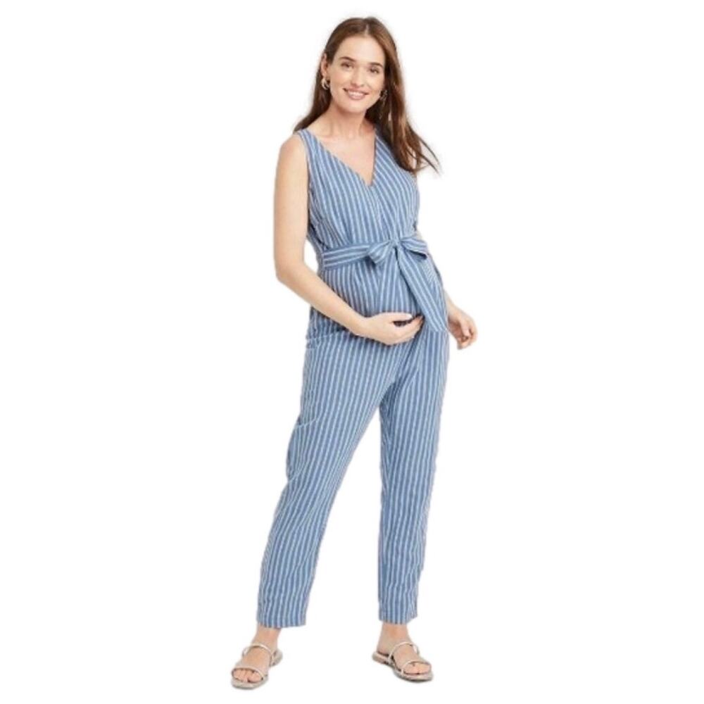 The Nines by Hatch Sleeveless Blue White Stripe Maternity Jumpsuit